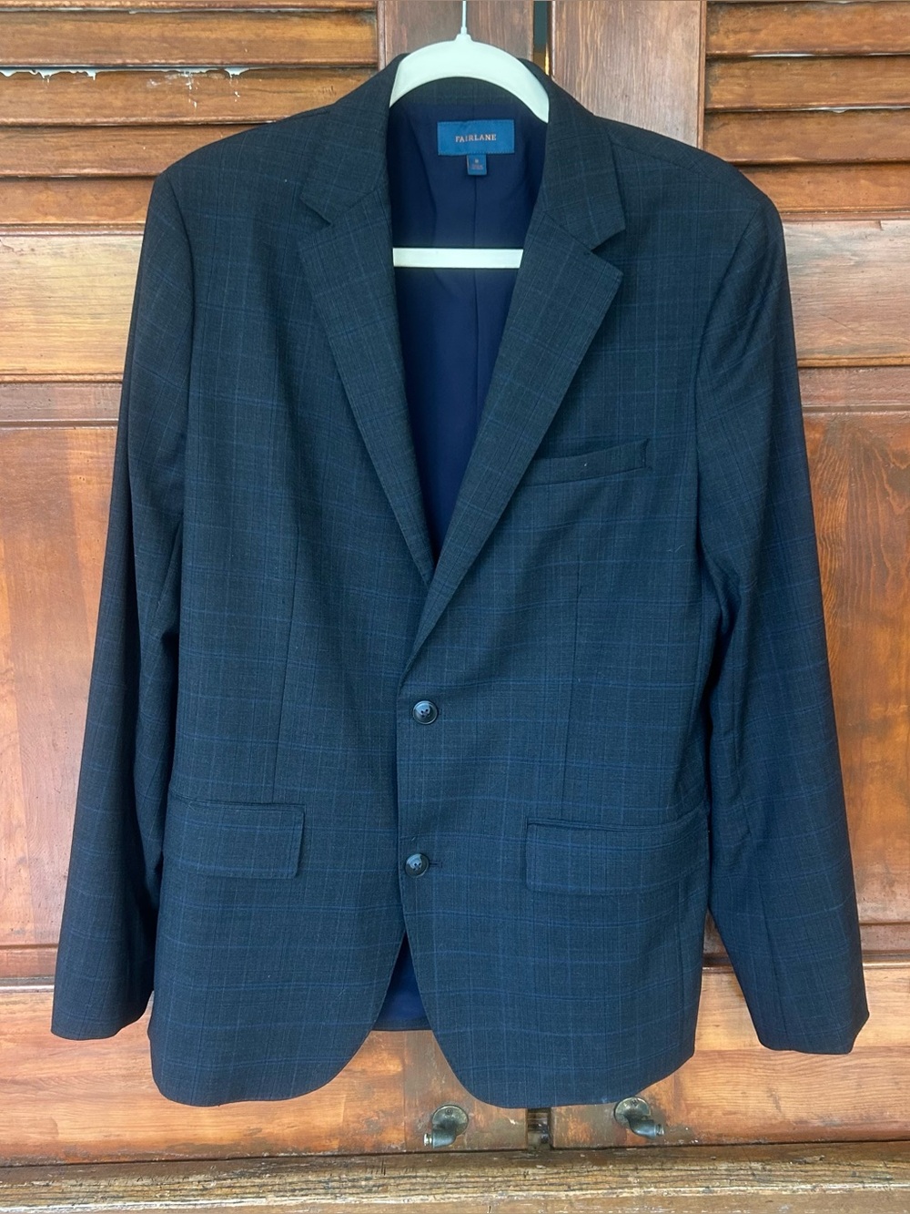 Fairlane Wool Blend Plaid Suit Jacket M Charcoal Blue Stretch Blazer